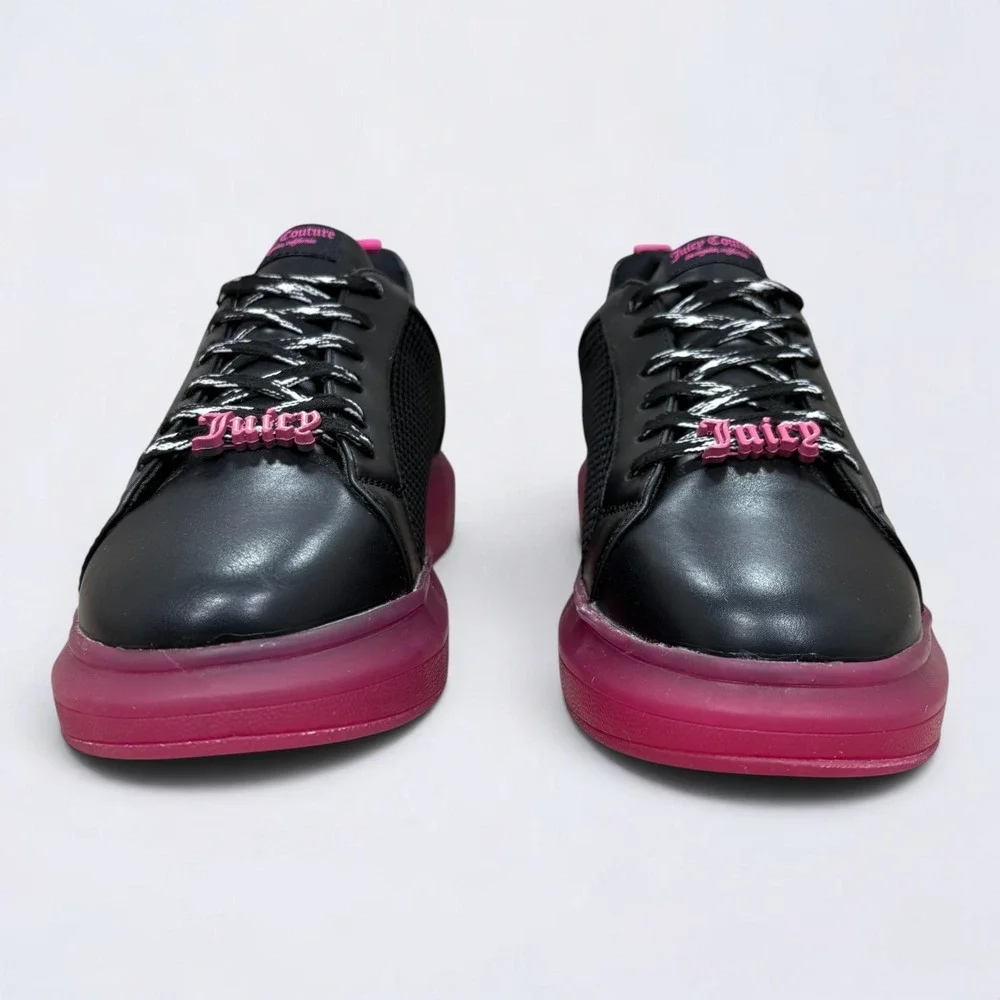 Juicy Couture Demi Sneakers Womens 9 Black Pink Platform Mesh Logo Lace Charms